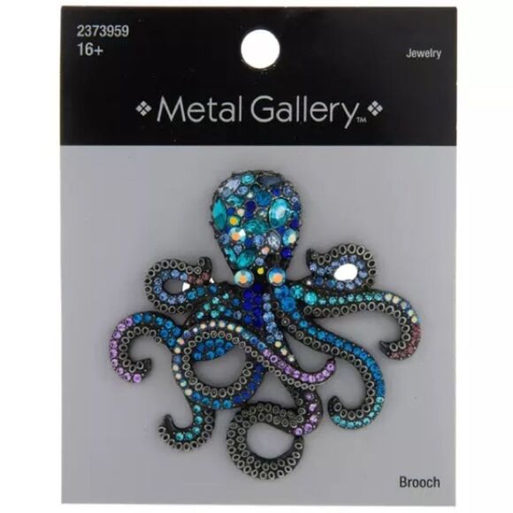 New! Metal Gallery Octopus Rhinestone Brooch - Picture 1 of 5